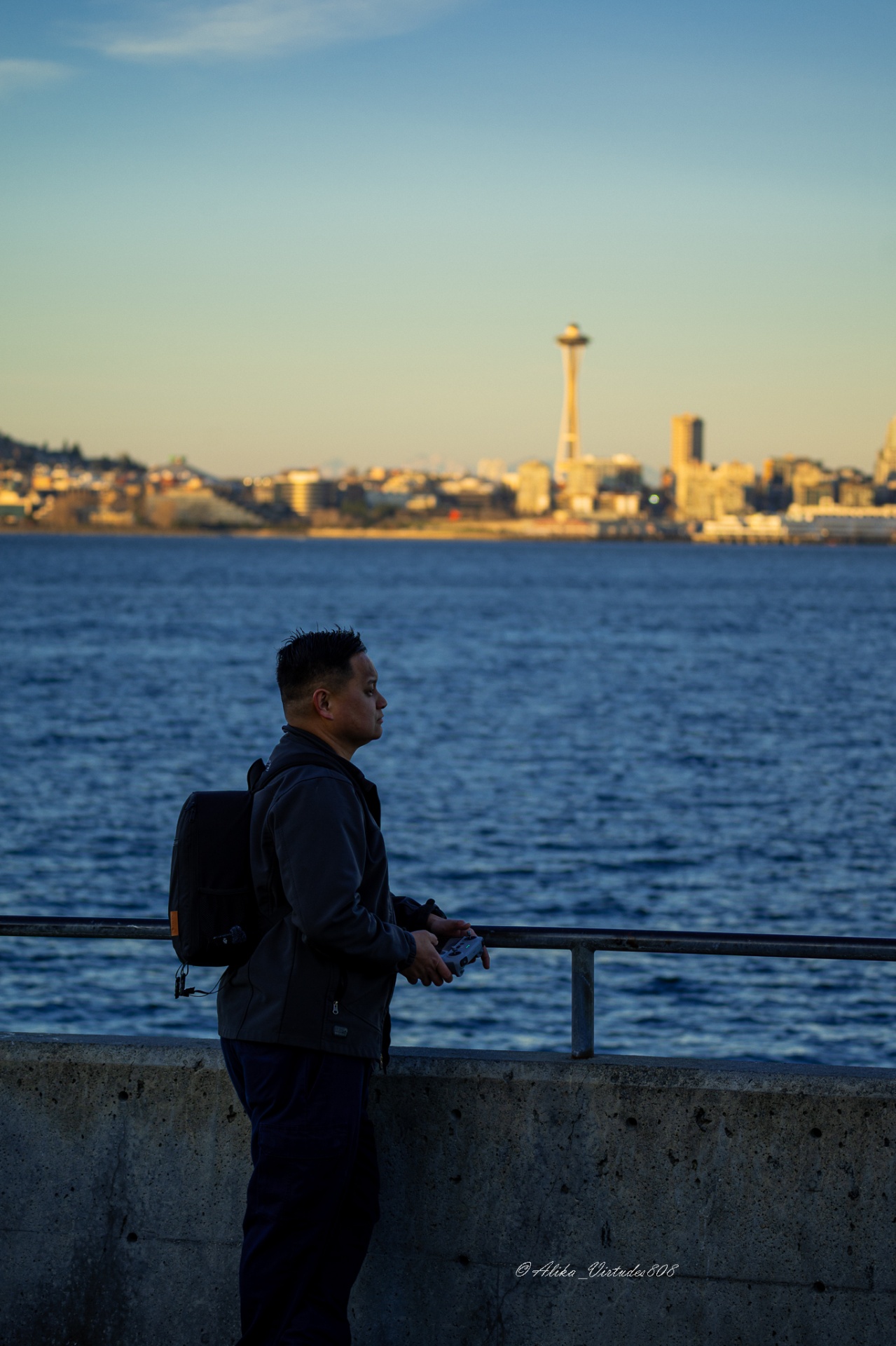 Alika Virtudes at the Seattle waterfront with the Space Needle in the background.